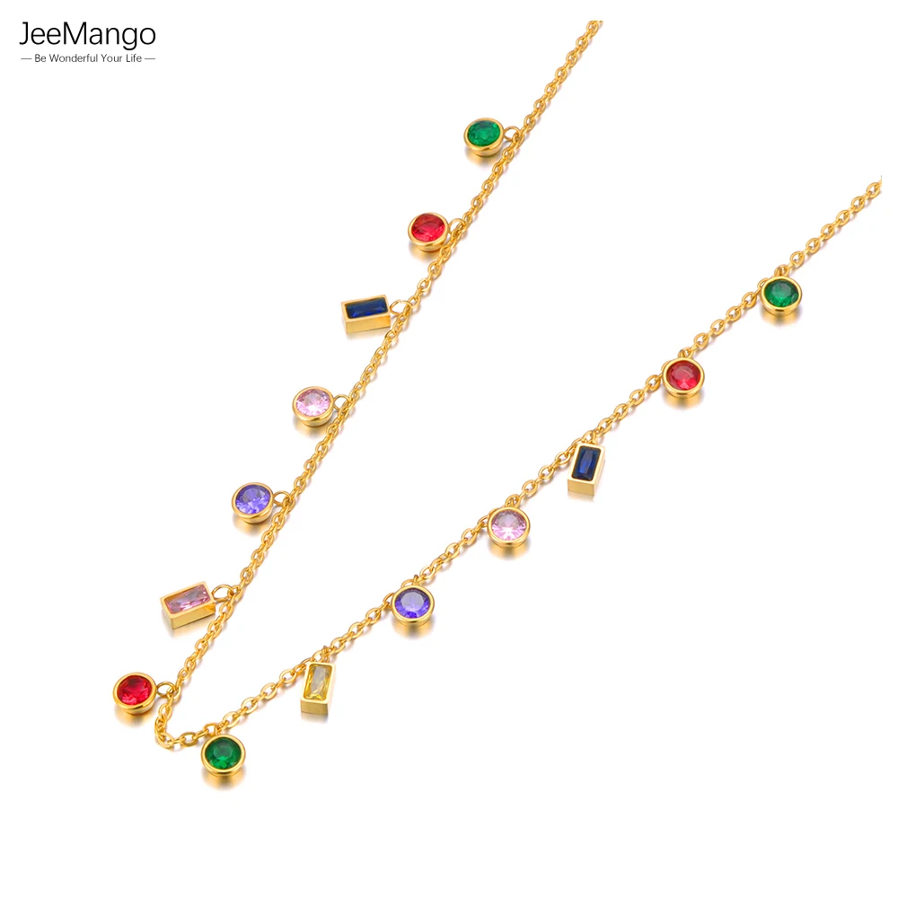 JeeMango 316L Edelstahl Bunte Zirkonia Choker Halskette Für Frauen Vergoldet Böhmen Strand Kette Schmuck JN23067 Image