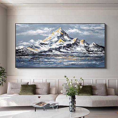 Mintura handgefertigte Ölgemälde mit verschneiten Bergen auf Leinwand, Wandkunst, Dekoration, modernes abstraktes Landschaftsbild für Heimdekoration, gerolltes, rahmenloses, ungedehntes Gemälde Image