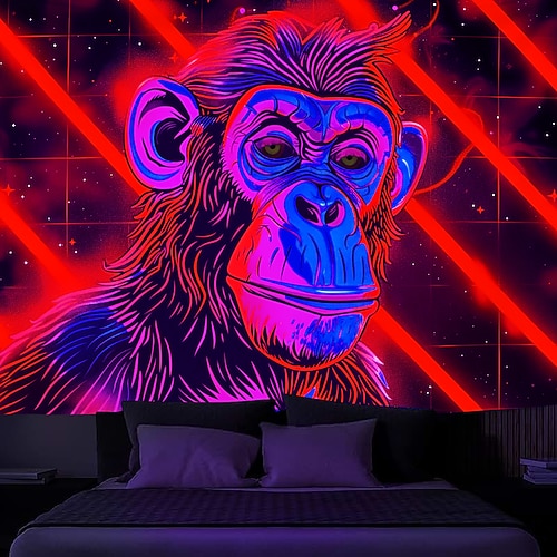 Schwarzlicht-Wandteppich, UV-reaktiv, im Dunkeln leuchtend, Glow Party, Neon-Schimpansen, psychedelisch, trippig, neblig, Wandteppich zum Aufhängen, Wandkunst, Wandbild fürs Wohnzimmer Image