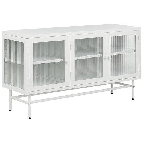 Sideboard Weiß Stahl 35 x 115 x 64 cm mit 3 Durchsichtigen Glastüren 4 Regalböden 3 Griffen Industriell Flur Schlafzimmer Küche Wohnzimmer