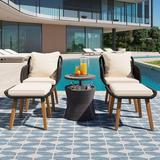 5 Piece Outdoor Rattan Furniture Set Patio Cushioned Sofa Chairs with Ottoman Footrest and Cool Bar Table All Weather Sectional Furniture Set with Beige Seat Cushion for Backyard Deck Balcony