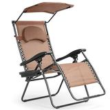Spaco Folding Recliner Lounge Chair with Shade Canopy Cup Holder-Brown Folding Beach Chair for Adults Lightweight Beach Chair Low Beach Chairs for Beach Lawn