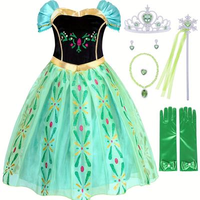 Toddler Girls Puff Sleeves Glitter Flowers Mesh Princess Dress Dress Up Halloween Party Performance Outfit & Crown & Magic Wand & Necklace Ring & Gloves Accessories Set