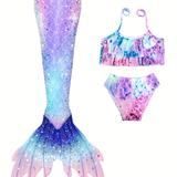 Mermaid Tail Three-piece Bikini Swimming Suit Set, Quick Drying Elastic Swimsuit For Girls Summer