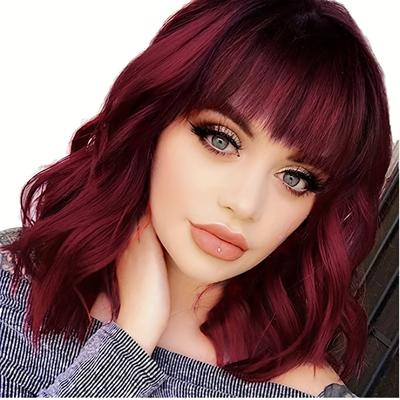 Red Wavy Wigs With Bangs For Women Short Curly Bob...