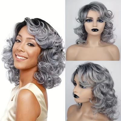 Grey Shoulder Length Curly Wigs Halloween Costume Party Synthetic Fiber Wigs For Women