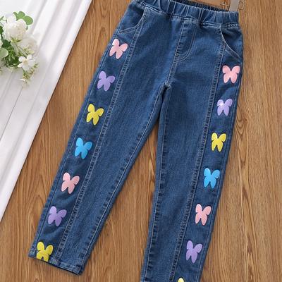 TEMU Jeans For Girls Colorful Butterfly Print Slim Fit Denim Pants