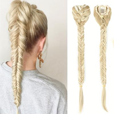 22 Inch Ombre Blonde Long Straight Synthetic Hair Extension 140g Braided Plaited Fishtail Fishbone Drawstring Ponytail Hair Extensions For Women Girls