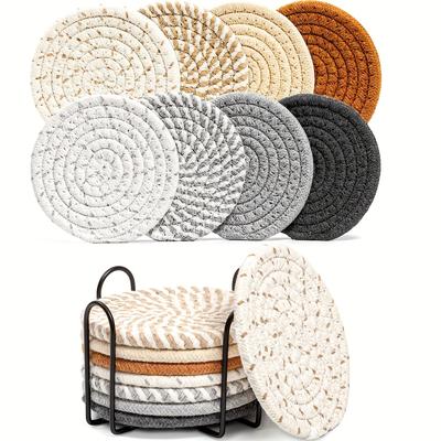 8pcs Drink Coasters With Holder, 4 Colors Absorbent Coasters For Drinks, Minimalist Cotton Woven Coaster Set For Home Decor Tabletop Protection Suit For Restaurants/bars/hotels