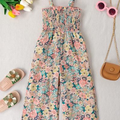 TEMU Girls Boho Flower Print Shirred Cami Jumpsuit For Going Out Party Holiday Kids Summer Clothes