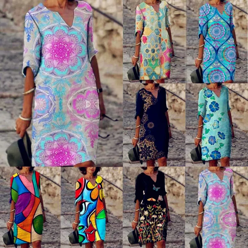 Frauen Lose Frühling Vintage Rüschen Befree Kleid Große Große Gedruckt Sexy Sommer Boho Casual Party Elegante Kleider Plus Größen