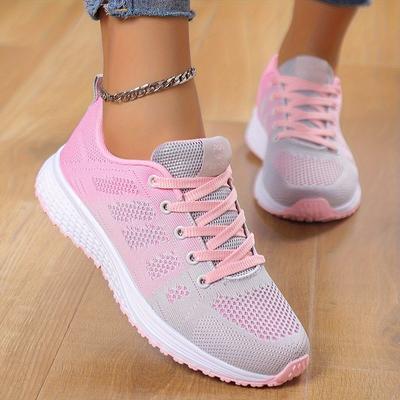TEMU Women's Lightweight Breathable Mesh Running Shoes - Sporty Black With White Accents, Lace-up Front, Cushioned Support, Outdoor Sneakers, Casual Sneakers|breathable Design|mesh Upper Image