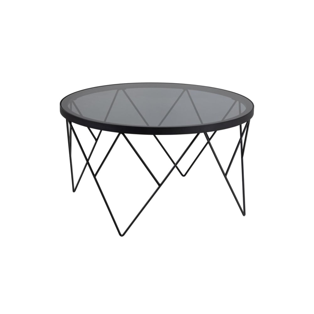Table basse ronde en verre fumé et métal noir D80