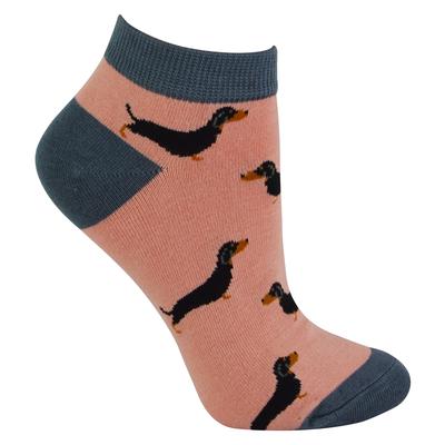 Damen Bambus Trainer Socken | Miss Sparrow | Atmungsaktive Low Cut Socken für Frauen - Sausage Dogs (Pink) Image