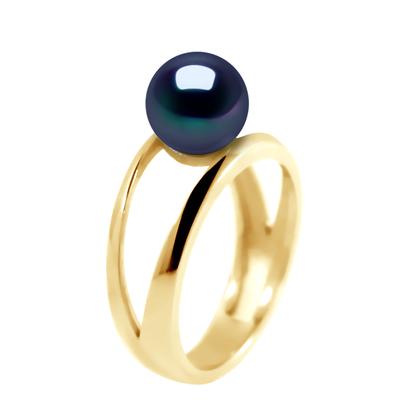 DIADEMA - Ring in Gelbgold - Echte Süßwasserperlen - Schwarzer Tahitian Style Image