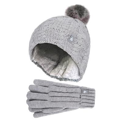 Wärmehalter - Set aus Bommelmütze und Handschuhen für Mädchen | Mütze mit umgeschlagener Manschette und Kabelstrickhandschuhe - Frostgrau meliert Image