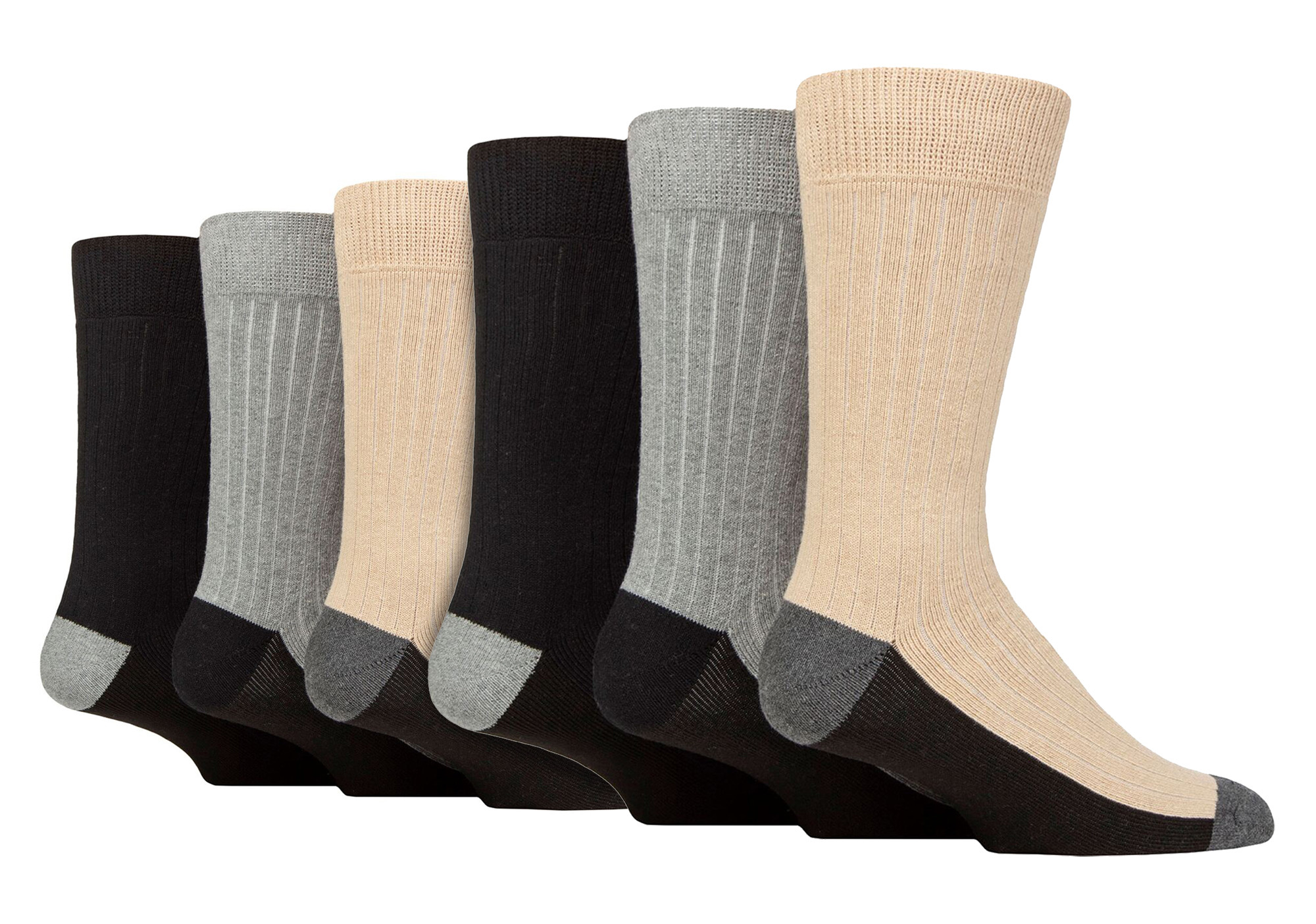 6er-Pack Herren-Stiefelsocken | Wildfeet | Baumwollsocken zum Wandern, Spazierengehen & Laufen - Schwarz / Grau / Beige