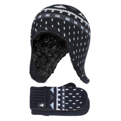 Wärmehalter - Jungen Outdoor Kunstfell Pom Pom Mütze mit Ohrenklappen & Fäustlinge Handschuhe - Schwarz Image