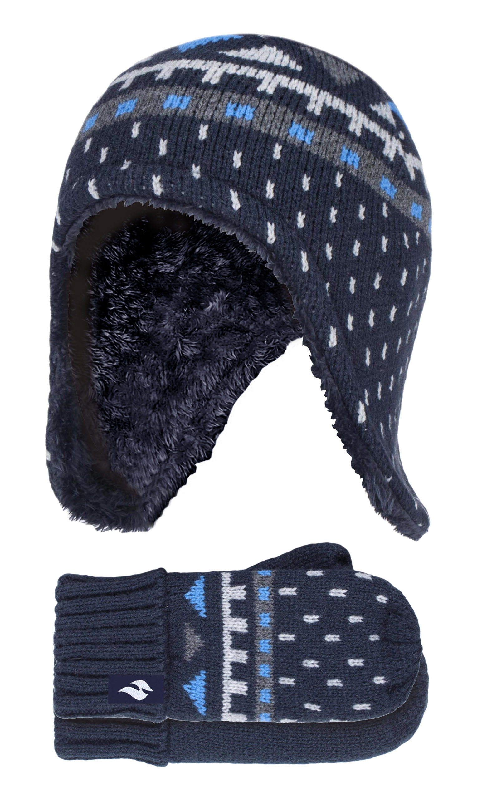 Wärmehalter - Jungen Outdoor Kunstfell Pom Pom Mütze mit Ohrenklappen & Fäustlinge Handschuhe - Navy Image