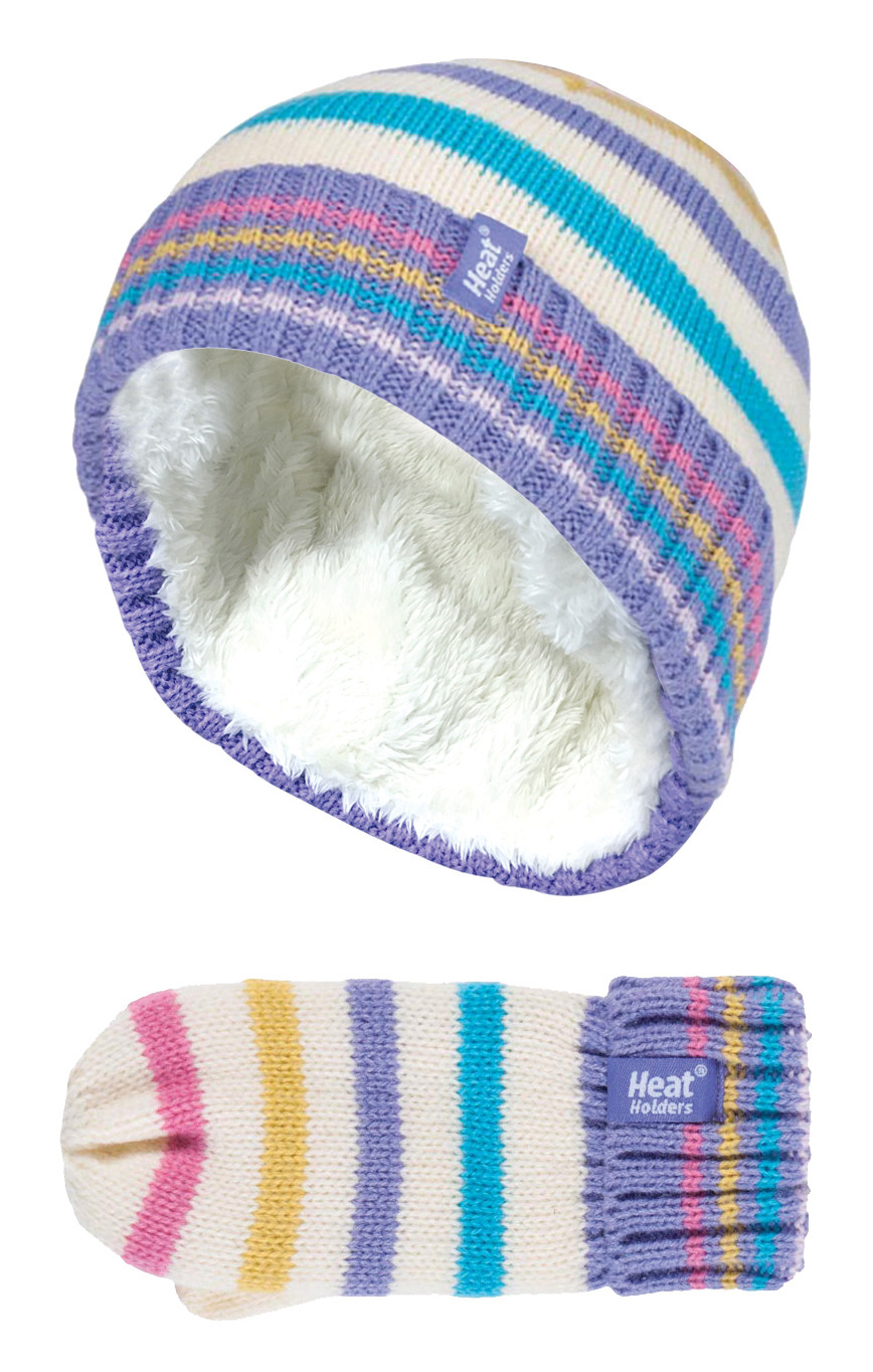 Wärmehalter - Kinder Mädchen Fleece gefüttert gestrickt gestreift bunt Winter Thermomütze und Handschuhe Set - CS2P11 Image