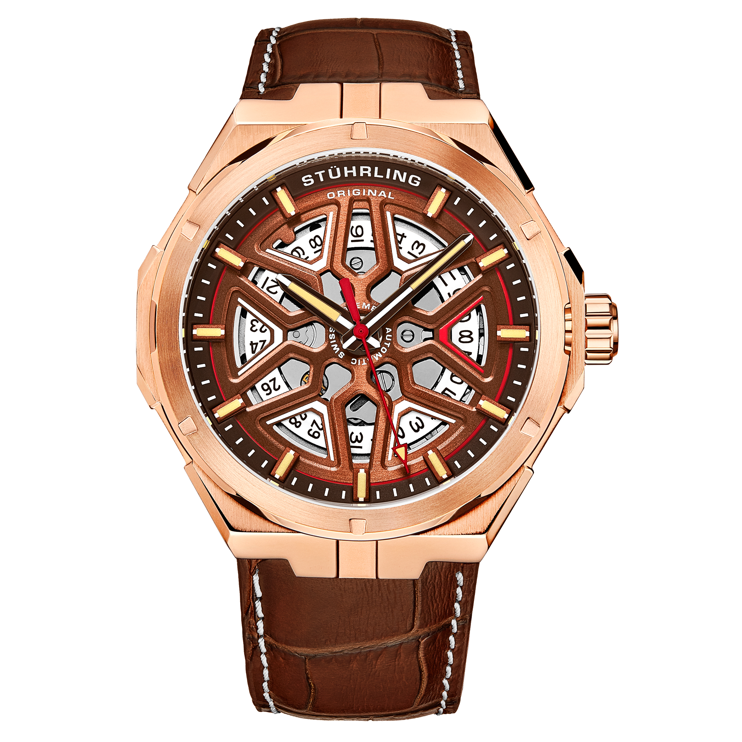 Stührling Mens Brown Gio Swiss Automatic 44mm Skeleton - Rose - One Size | Stührling Sale | Discount Designer Brands