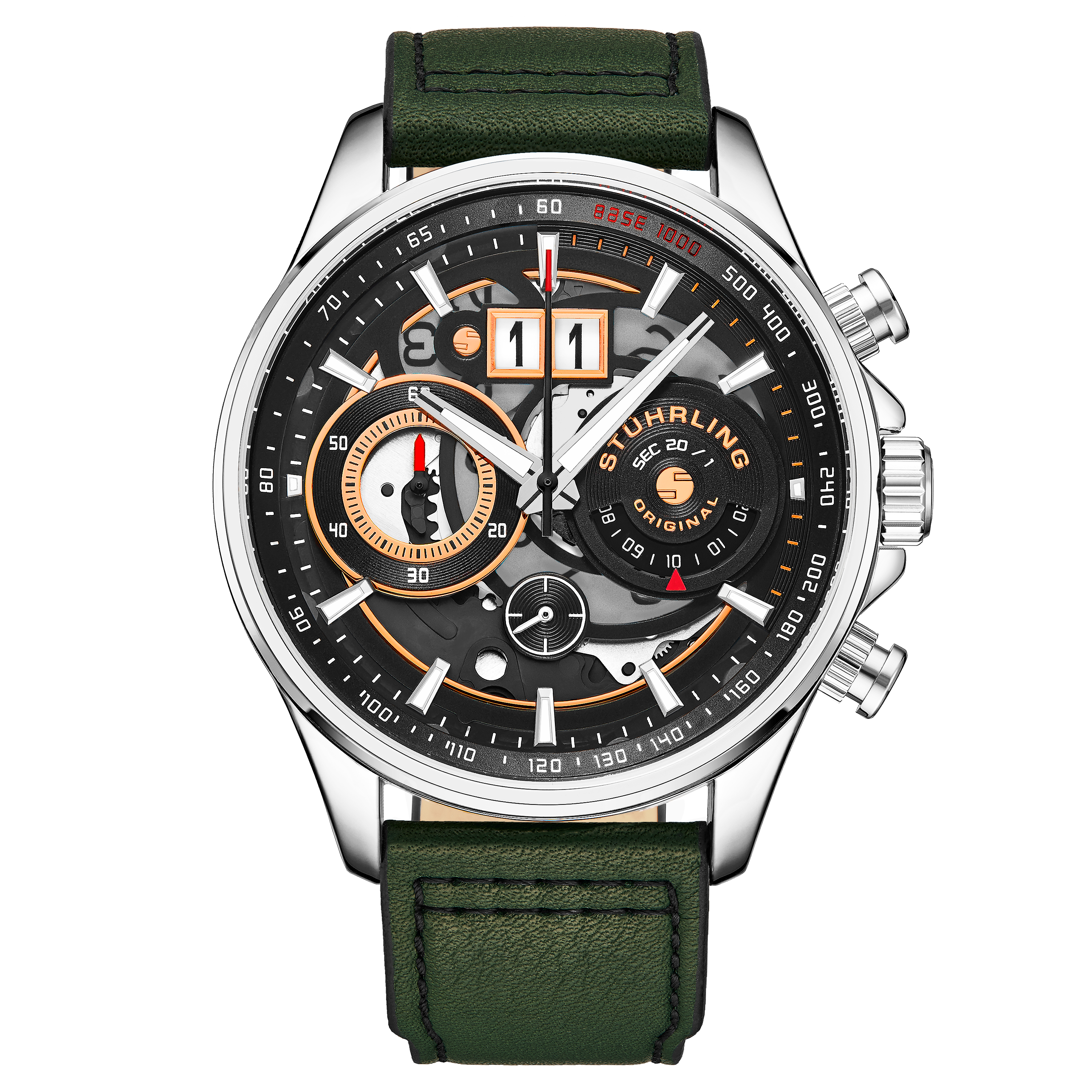 Stührling Mens Green and Silver Ace Aviator Chronograph & Tachymeter Quartz 45mm - One Size | Stührling Sale | Discount Designer Brands