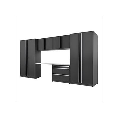 Proslat Garage Cabinets 6-Piece Mat Black Cabinet Set with Silver Handles and Stainless Steel Worktop