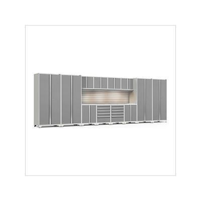 NewAge Garage Cabinets PRO Series Platinum 14-Piece Set with Stainless Steel Tops, Slatwall and Lights