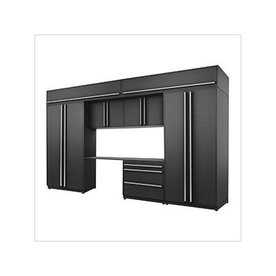 Proslat Garage Cabinets 8-Piece Mat Black Cabinet Set with Silver Handles and Powder Coated Worktop