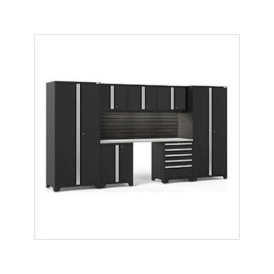 NewAge Garage Cabinets PRO Series Black 8-Piece Set with Stainless Steel Top, Slatwall and LED Lights