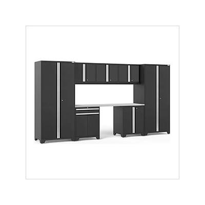 NewAge Garage Cabinets PRO Series Black 8-Piece Set with Stainless Steel Top