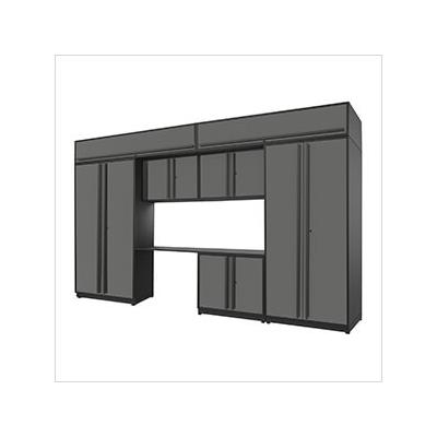 Proslat Garage Cabinets 8-Piece Glossy Grey Cabinet Set with Black Handles and Powder Coated Worktop