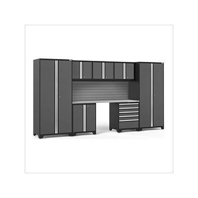 NewAge Garage Cabinets PRO Series Grey 8-Piece Set with Stainless Steel Top and Slatwall