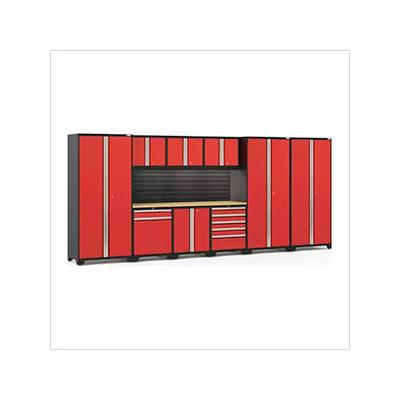 NewAge Garage Cabinets PRO Series Red 10-Piece Set with Bamboo Top, Slatwall and LED Lights