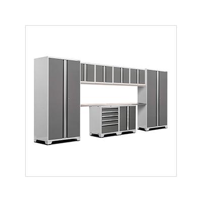 NewAge Garage Cabinets PRO Series Platinum 10-Piece Set with Stainless Steel Top and LED Lights