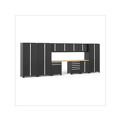NewAge Garage Cabinets PRO Series Black 12-Piece Set with Bamboo Tops and LED Lights