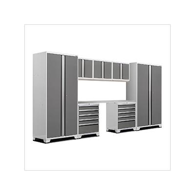 NewAge Garage Cabinets PRO Series Platinum 8-Piece Set with Stainless Steel Top and LED Lights