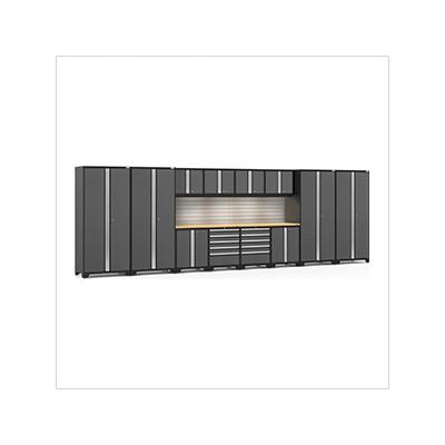 NewAge Garage Cabinets PRO Series Grey 14-Piece Set with Bamboo Top, Slatwall and LED Lights