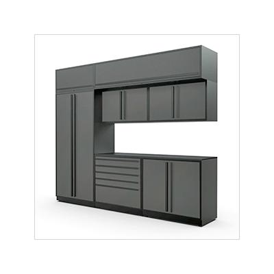 Proslat Garage Cabinets 8-Piece Glossy Grey Cabinet Set with Black Handles and Powder Coated Worktop