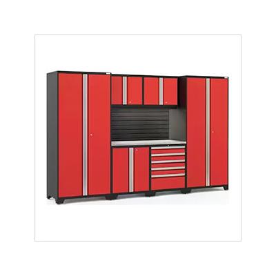 NewAge Garage Cabinets PRO Series Red 7-Piece Set with Stainless Steel Top, Slatwall and LED Lights