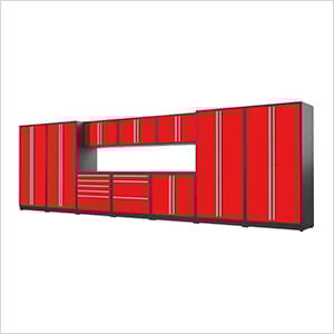 Proslat Garage Cabinets 12-Piece Glossy Red Cabinet Set with Silver Handles and Powder Coated Worktop