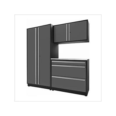 Proslat Garage Cabinets 4-Piece Glossy Grey Cabinet Set with Silver Handles and Stainless Steel Worktop