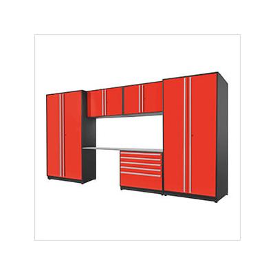 Proslat Garage Cabinets 6-Piece Glossy Red Cabinet Set with Silver Handles and Stainless Steel Worktop