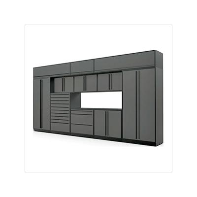 Proslat Garage Cabinets 12-Piece Glossy Grey Cabinet Set with Black Handles and Powder Coated Worktop