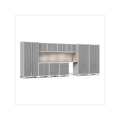 NewAge Garage Cabinets PRO Series Platinum 12-Piece Set with Stainless Steel Tops, Slatwall and Lights
