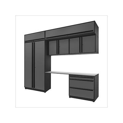 Proslat Garage Cabinets 7-Piece Glossy Grey Cabinet Set with Black Handles and Stainless Steel Worktop