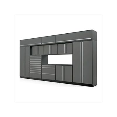 Proslat Garage Cabinets 12-Piece Glossy Grey Cabinet Set with Silver Handles and Powder Coated Worktop