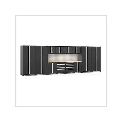 NewAge Garage Cabinets PRO Series Black 14-Piece Set with Bamboo Top, Slatwall and LED Lights