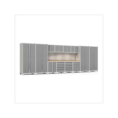 NewAge Garage Cabinets PRO Series Platinum 14-Piece Set with Bamboo Tops, Slatwall and LED Lights