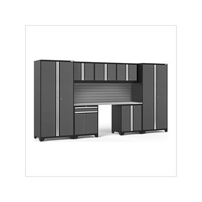 NewAge Garage Cabinets PRO Series Grey 8-Piece Set with Stainless Steel Top and Slatwall